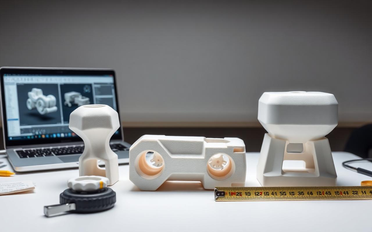 Three foam and 3D-printed concept study models lined up for review beside CAD on a laptop