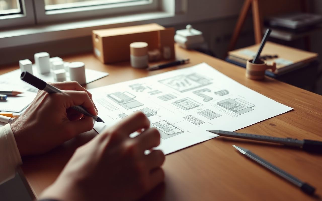 Designer sketching several product concept directions beside foam study models
