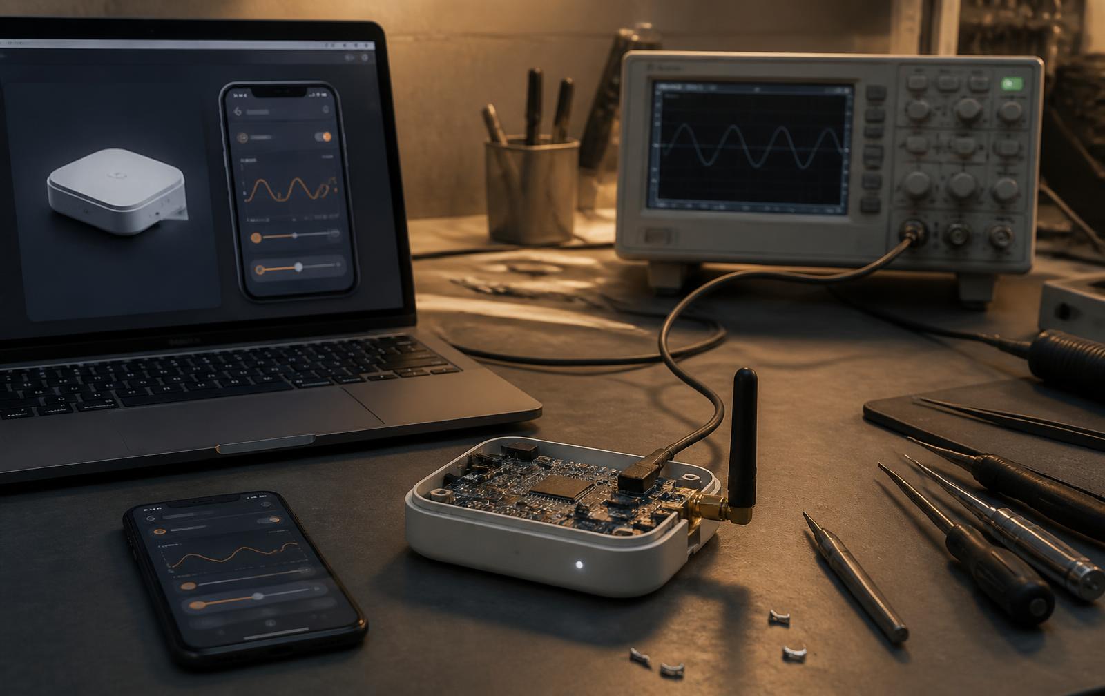 Connected IoT device with exposed circuit board on a bench beside a laptop showing its companion app interface