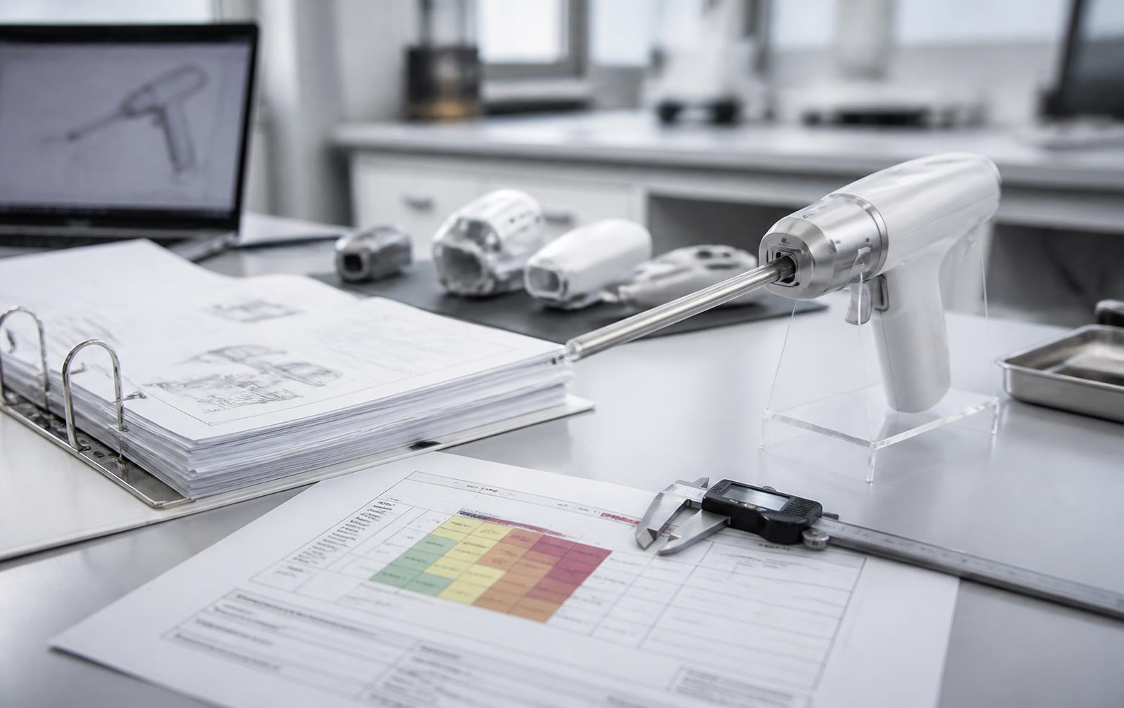 Handheld medical device prototype on a clean bench beside a design history file binder, risk matrix printout and calipers