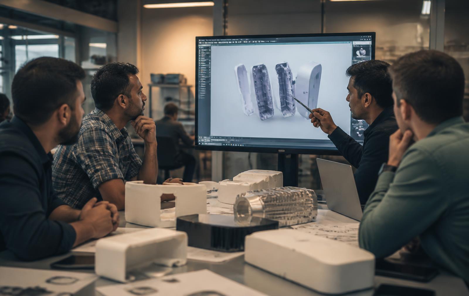 Product development team reviewing CAD of an enclosure on a large monitor with foam models and machined parts on the table