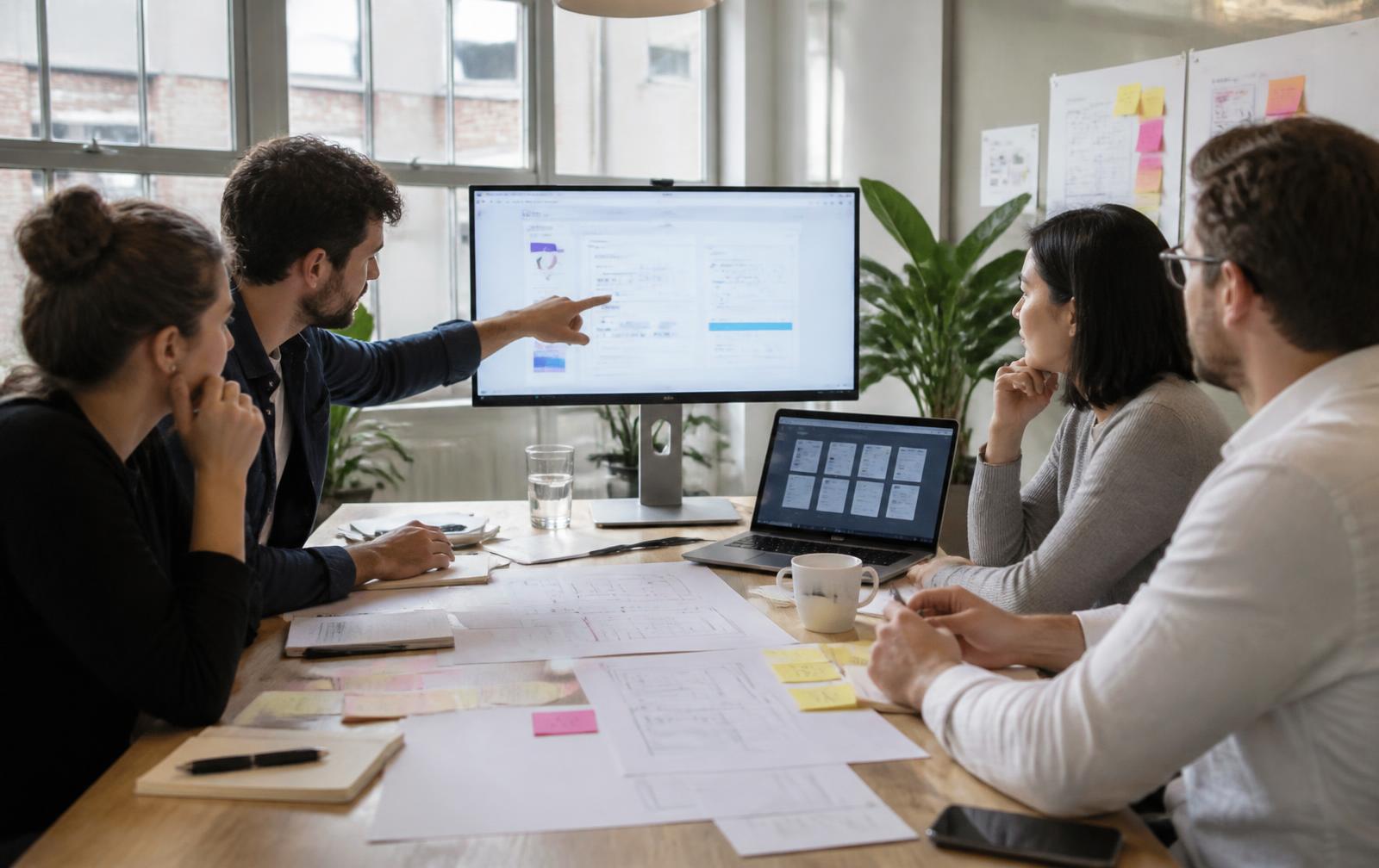 Product team reviewing a SaaS dashboard and clickable prototype during a scope review