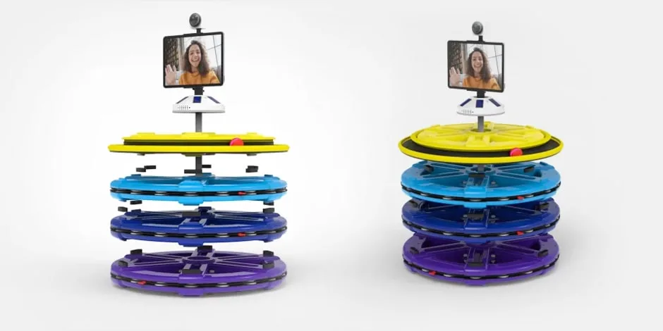 Perky Paws pet toy featuring a stackable layer design, solar powered electronics, including a display, a 360 degree camera, and motorized self-propelled balls | LA NPDT