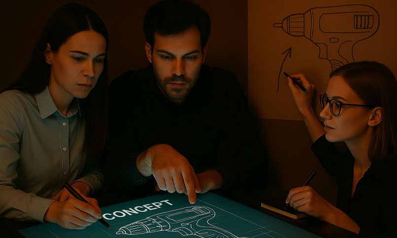 Team of engineers dicusing prototype, Product Development Company LA New Product Development Team