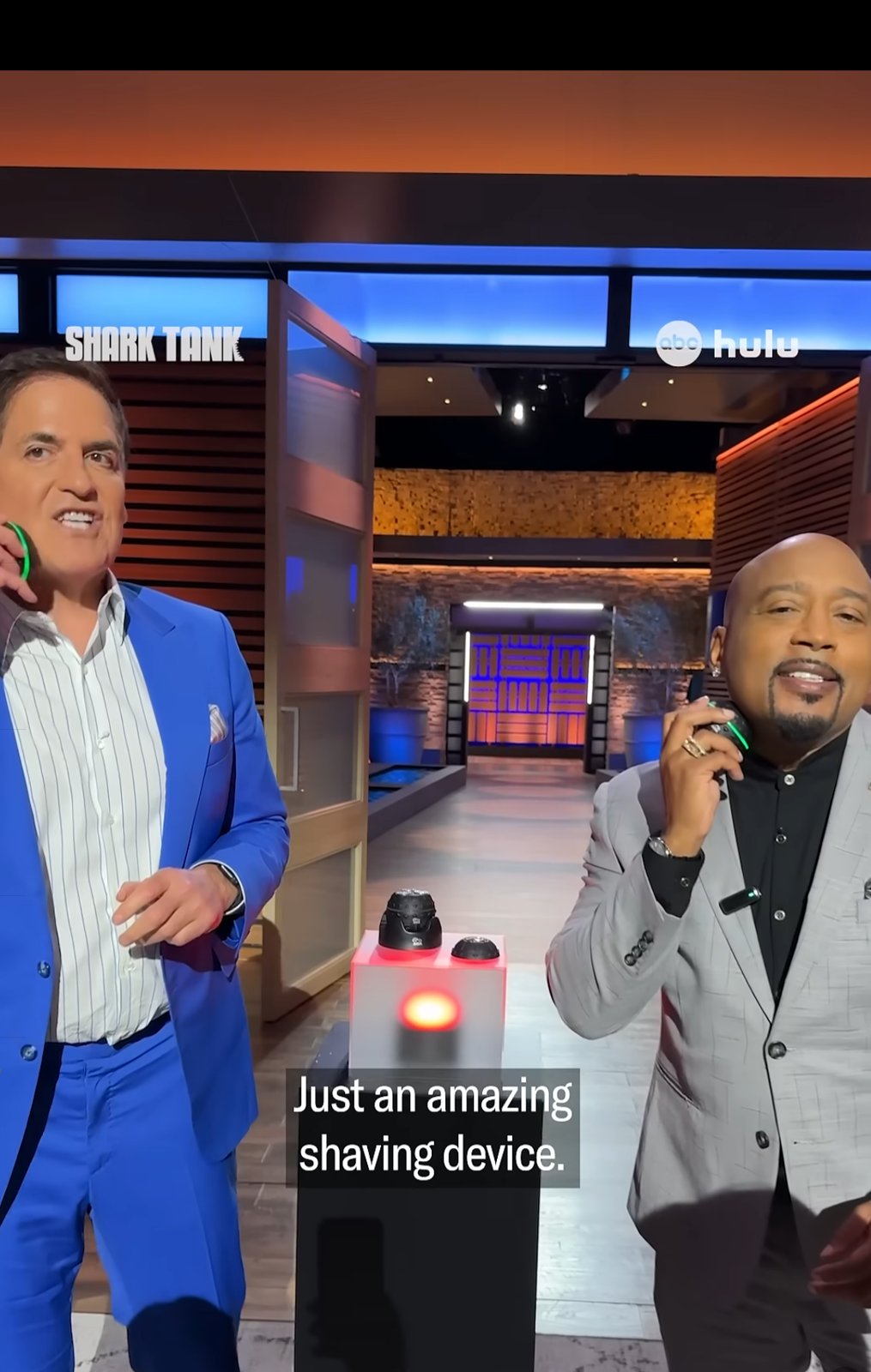 Mark Cuban and Daymond John shaving with GoNutz groomers during the Shark Tank pitch