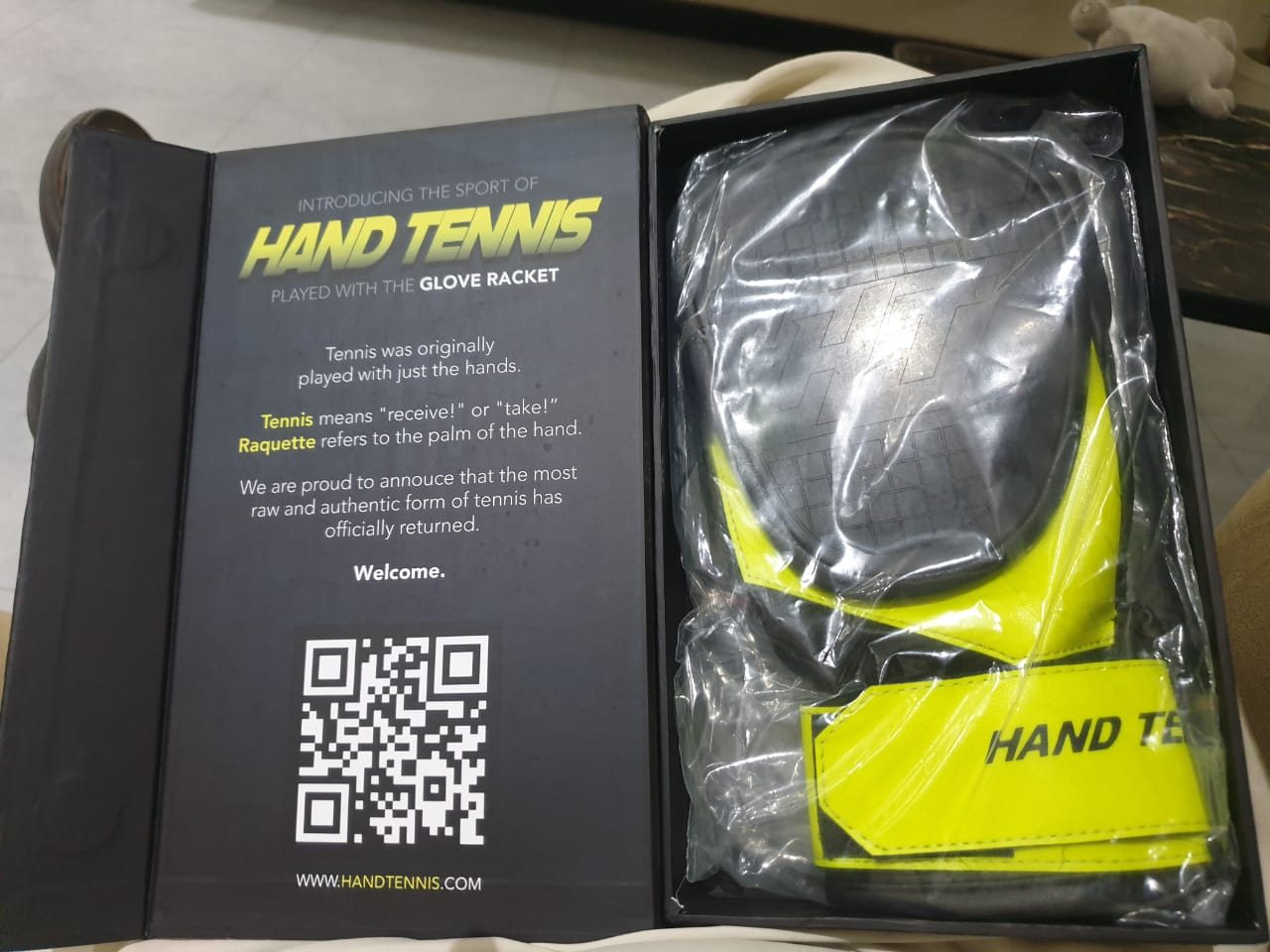 Retail packaging for the Hand Tennis glove racket produced after design for manufacturing