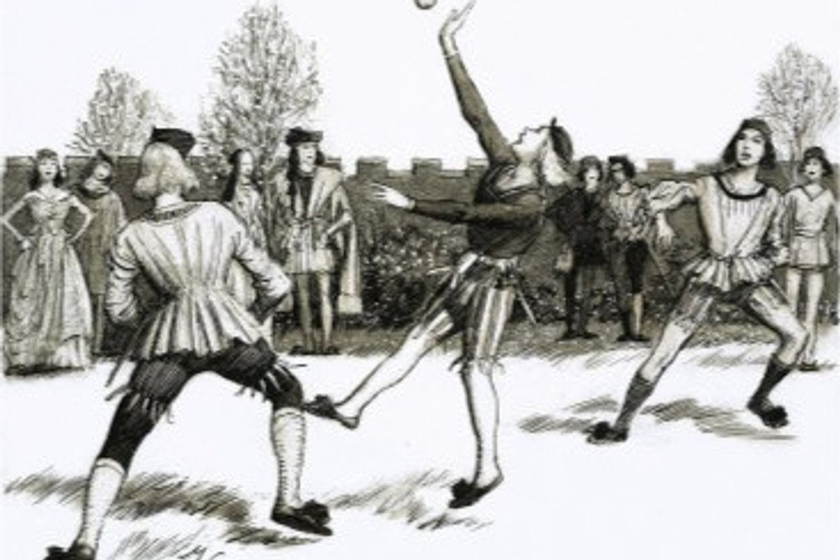 Historic illustration of jeu de paume, the medieval game of the palm that preceded racket tennis