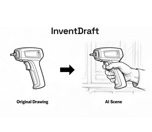 InventDraft, Concept Design, People working on Computer, Ai Platform Architecture, Full-stack Saas Development, Patent Drawing Engine, Research Data Pipelines, Context-aware, Drafting System