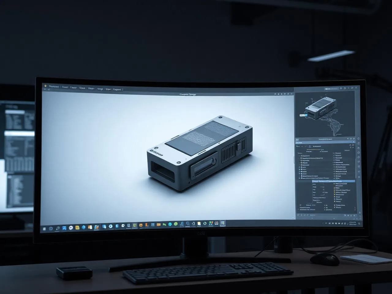3D modeling workstation with shaded CAD assembly on screen