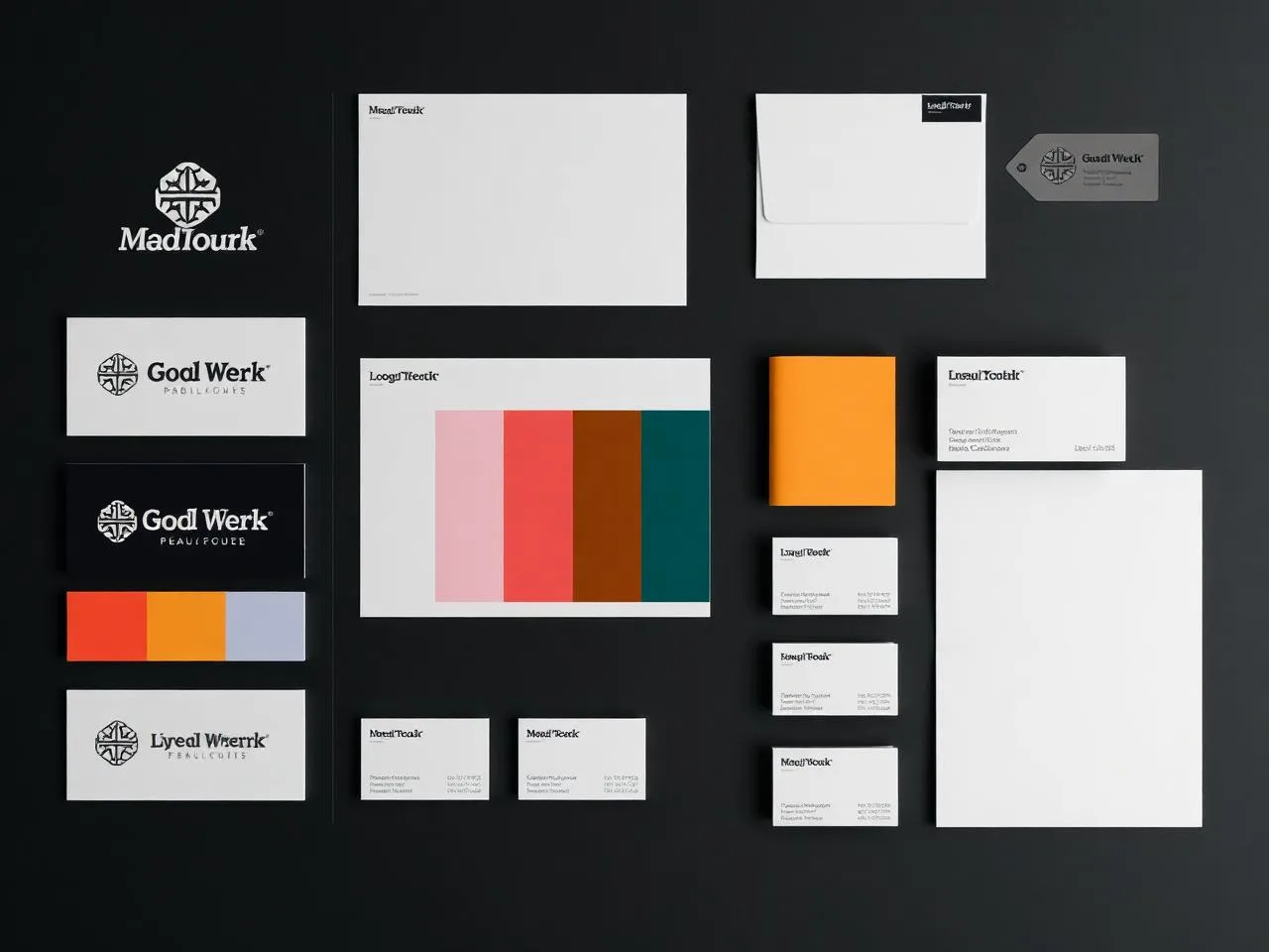Brand identity board with logo, color, and stationery for graphic design services