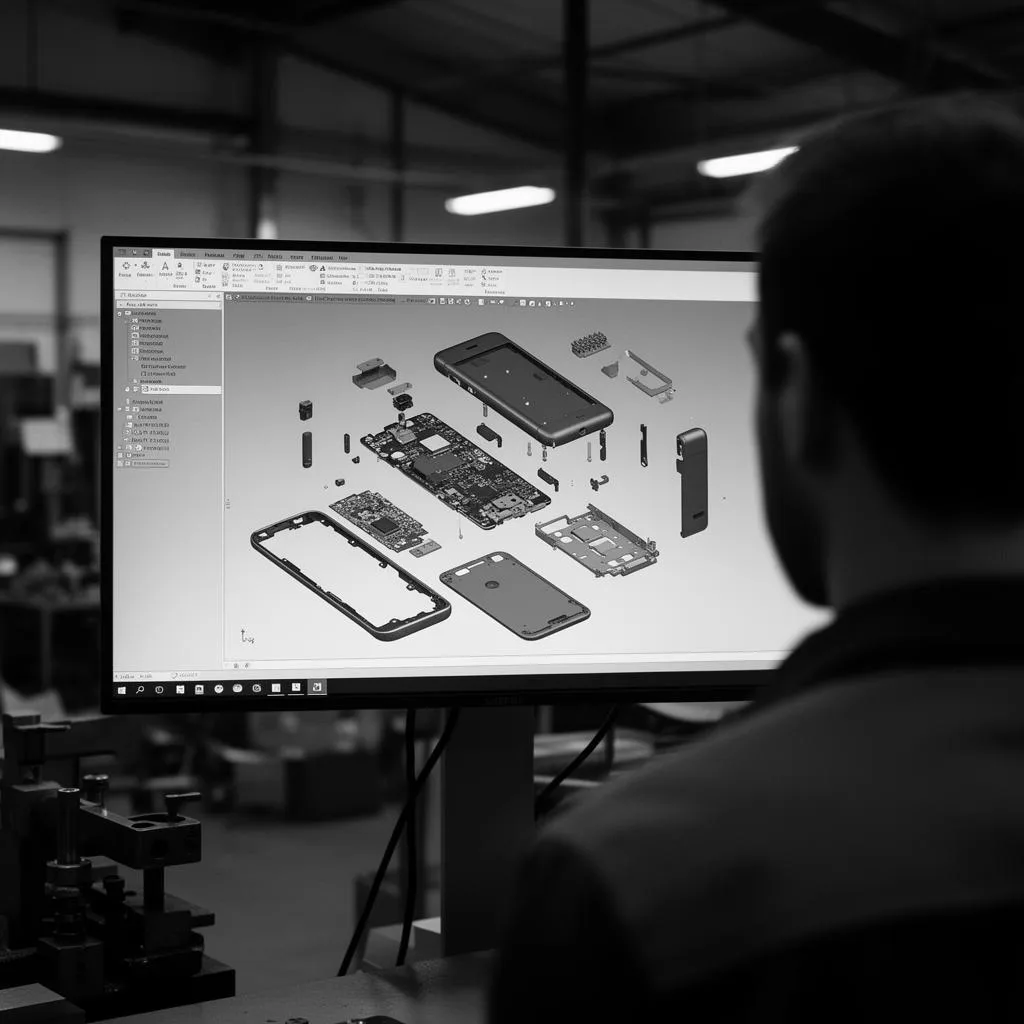 Engineer reviewing exploded-view CAD of a consumer electronic on a large workshop monitor