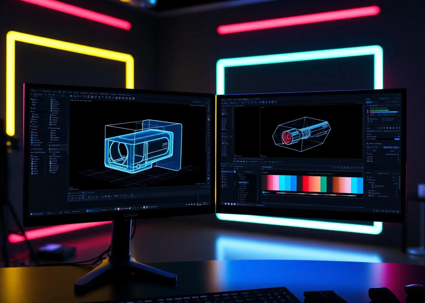 3D product animation being built in Blender on a dark studio workstation