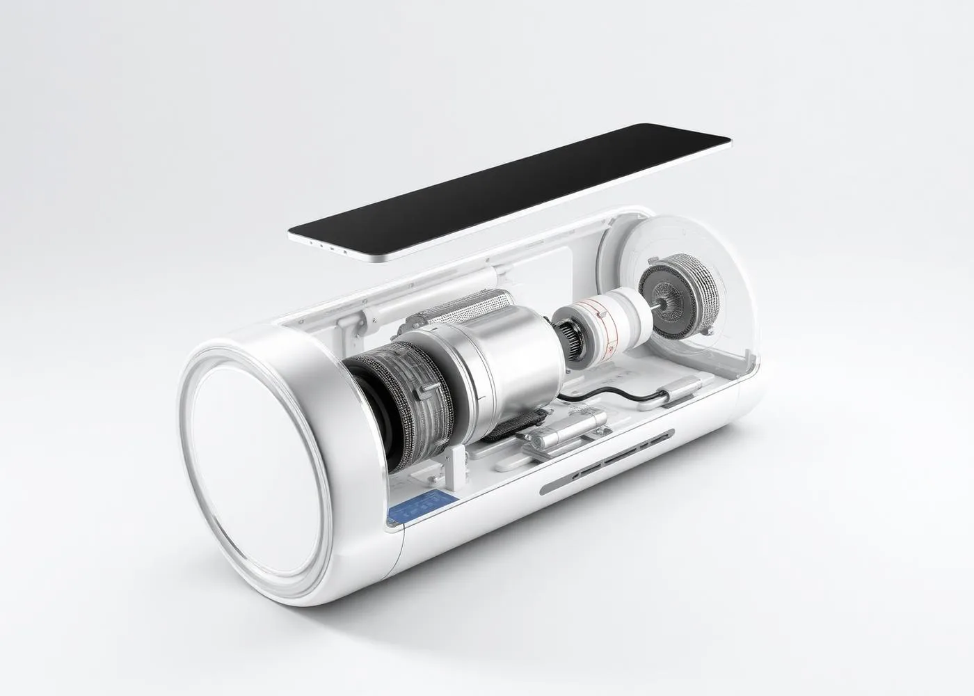 Photoreal 3D CAD render of a consumer product with exploded internals