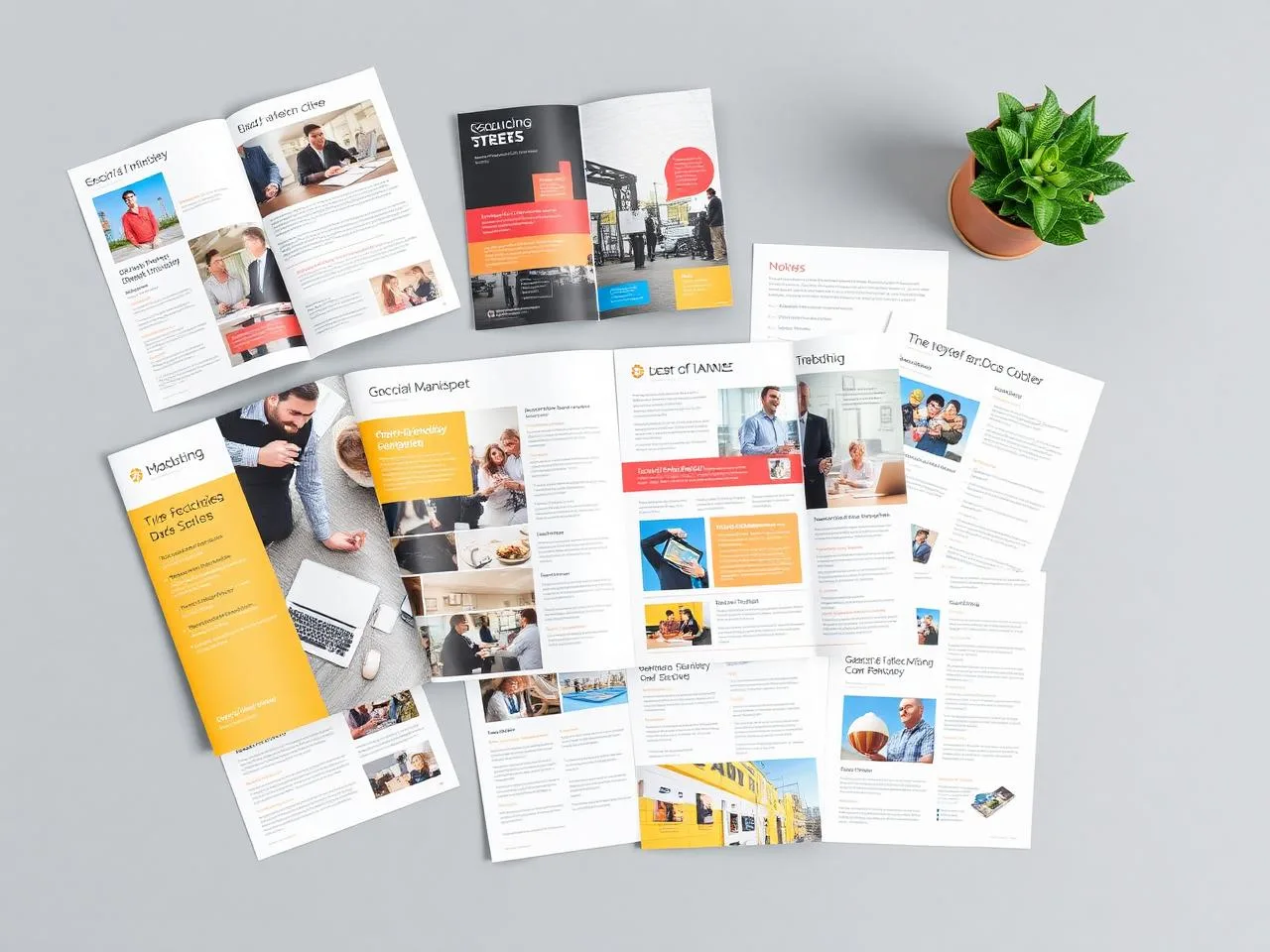 Spread of marketing brochures, sell sheets, and flyers