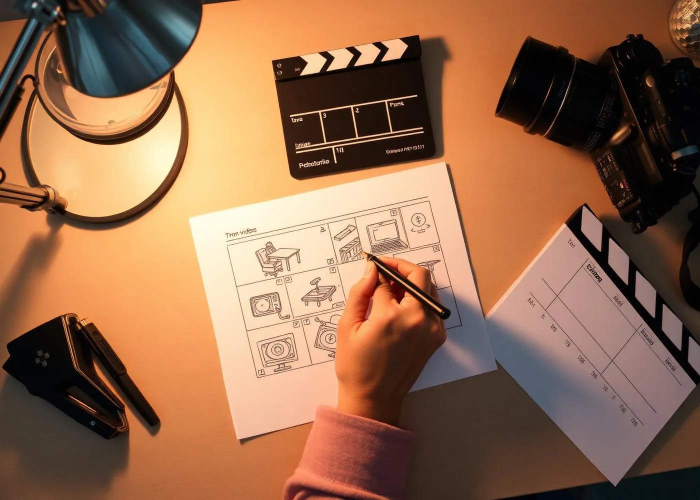 Storyboard sketches on a desk with a cinema camera and clapperboard