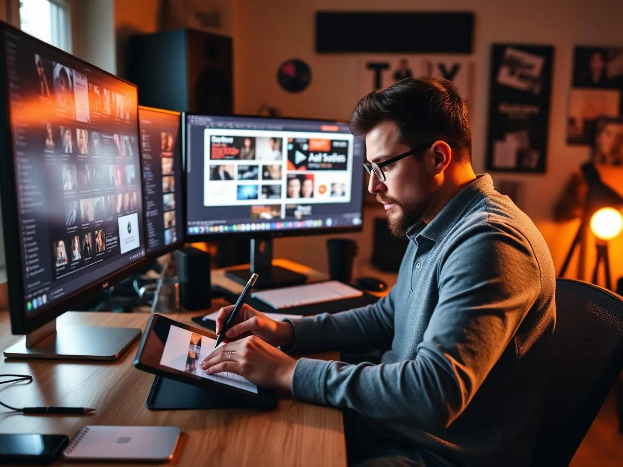 Graphic designer working on a tablet with multiple monitors