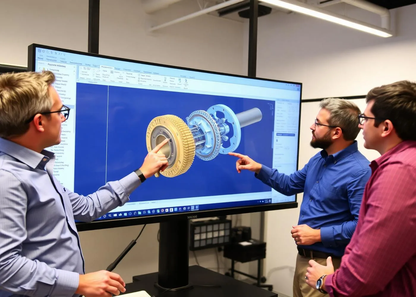 CAD team reviewing an assembly model on a large screen