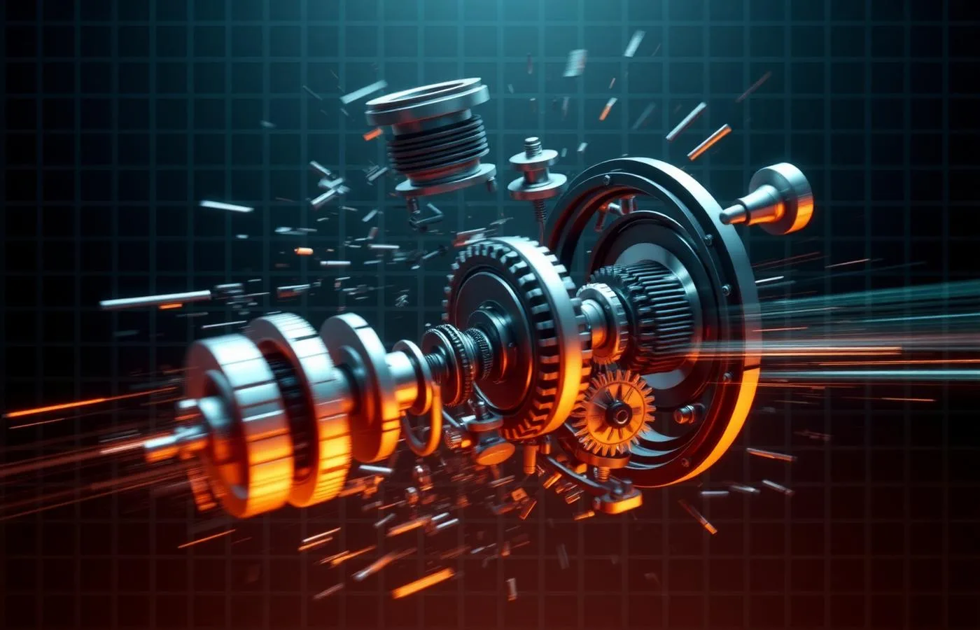 3D animation frame of an exploded mechanical assembly