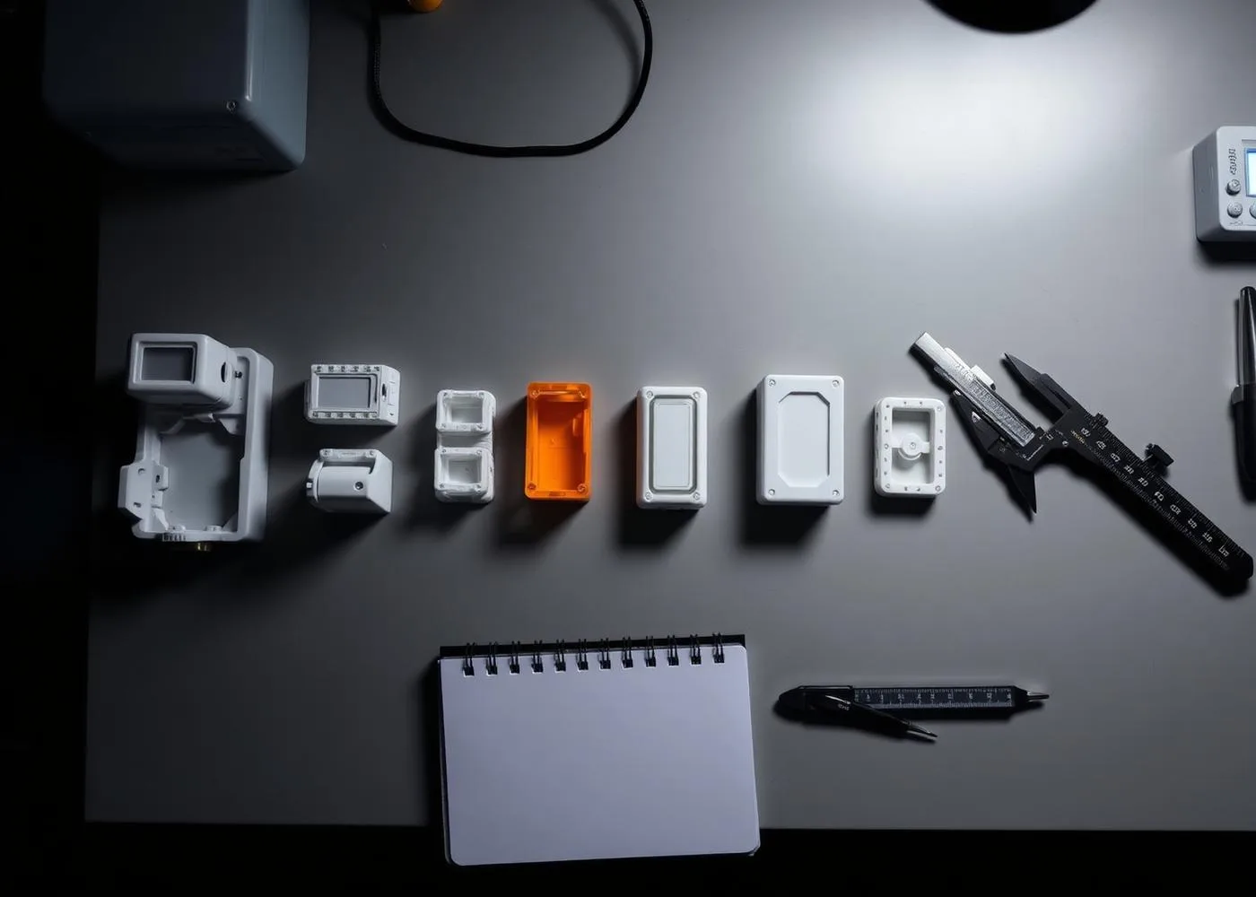 Row of 3D-printed iterations on a workbench