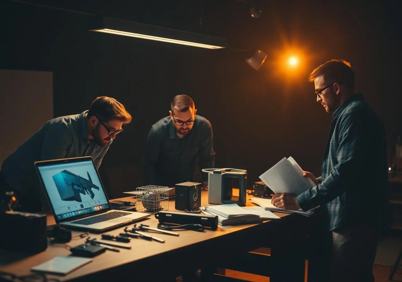 Cross-functional team reviewing CAD, prototype, and BOM together at one workbench