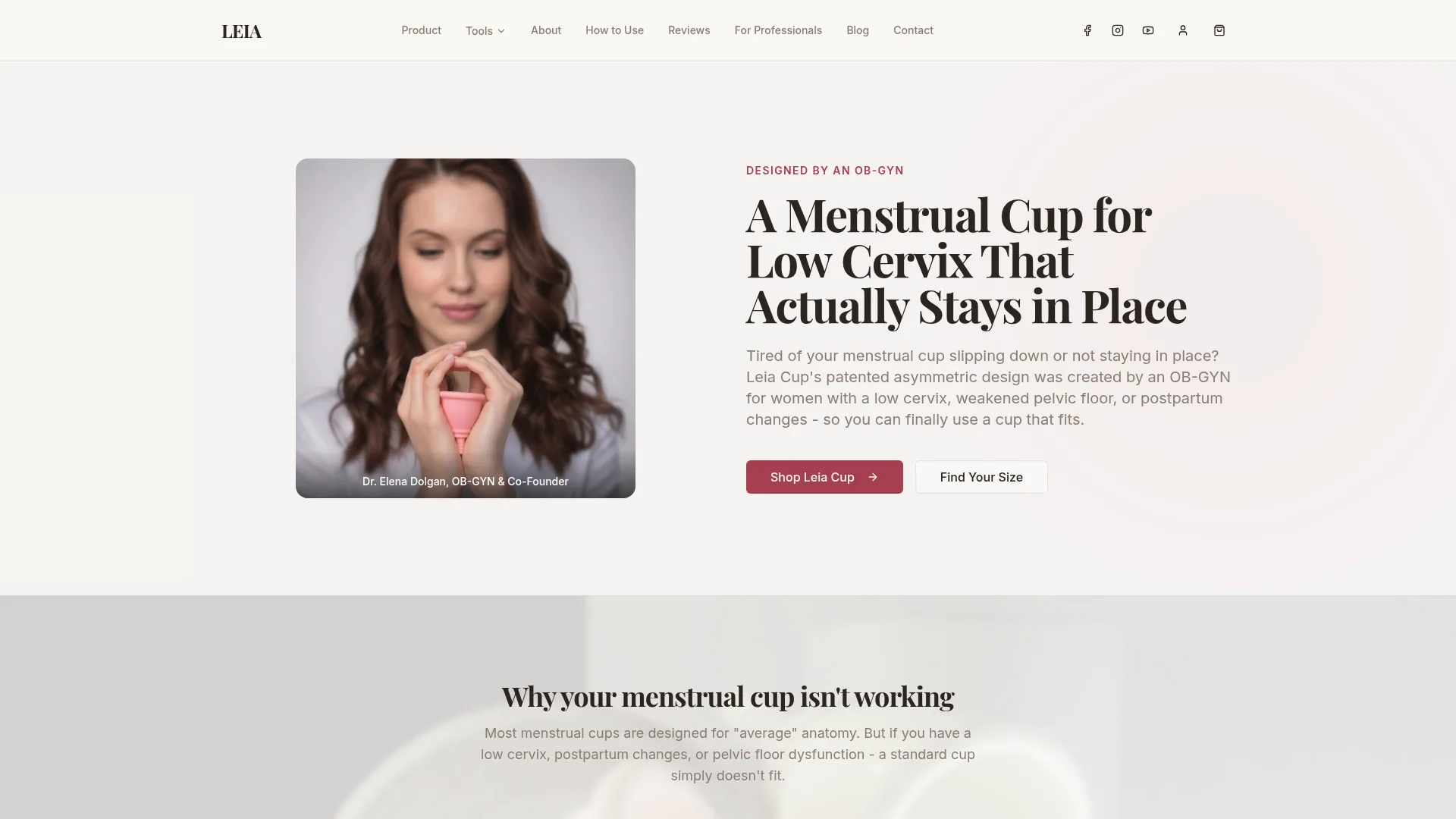 Leia Cup - Direct-to-consumer site for an OB-GYN designed menstrual cup for low cervix anatomy