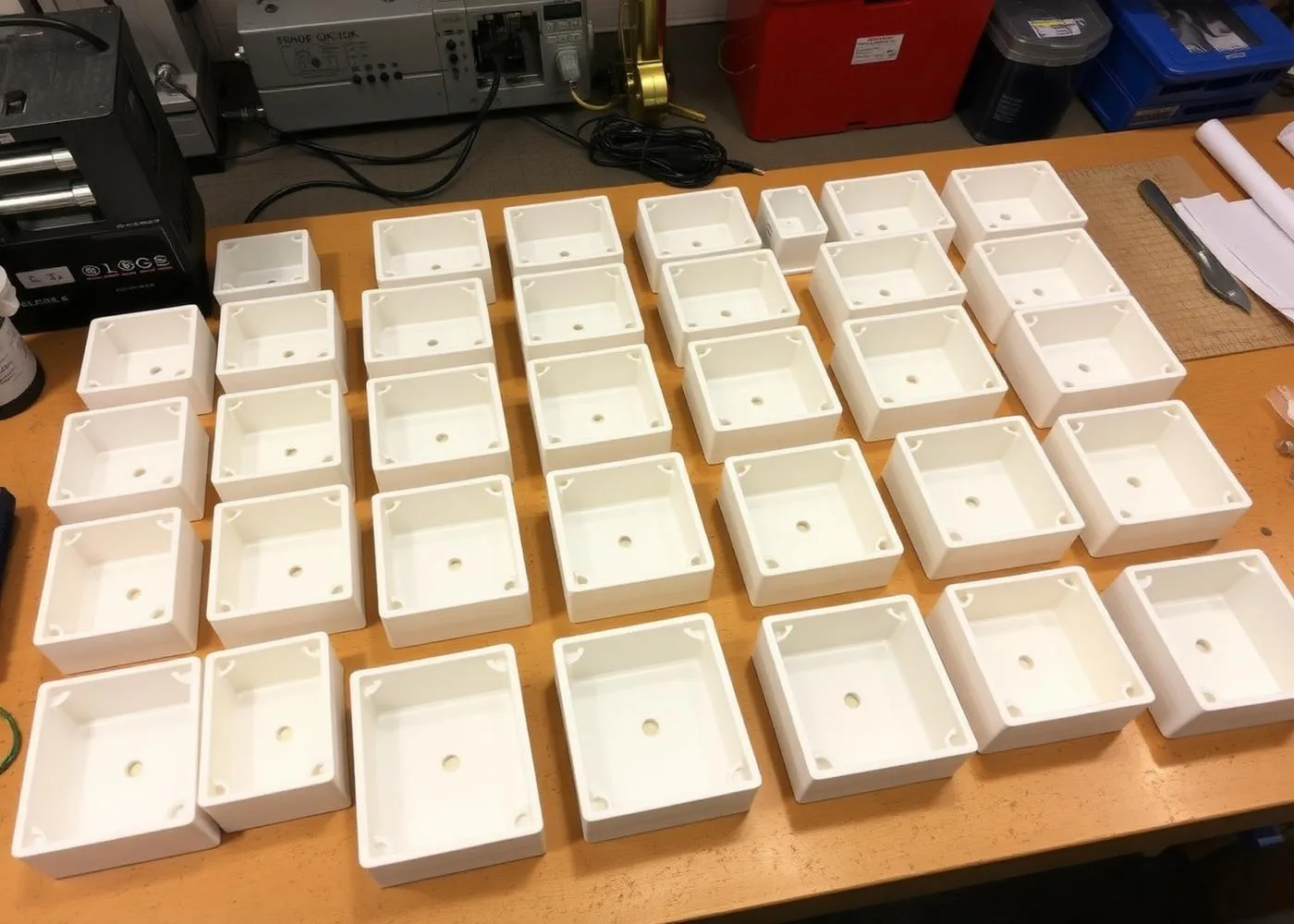 Low-volume batch of 3D printed enclosures laid out for QC