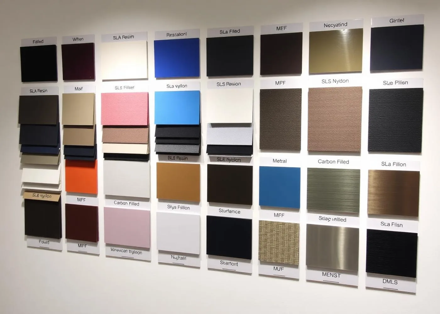 Wall of 3D printing material samples - resin, nylon, metal