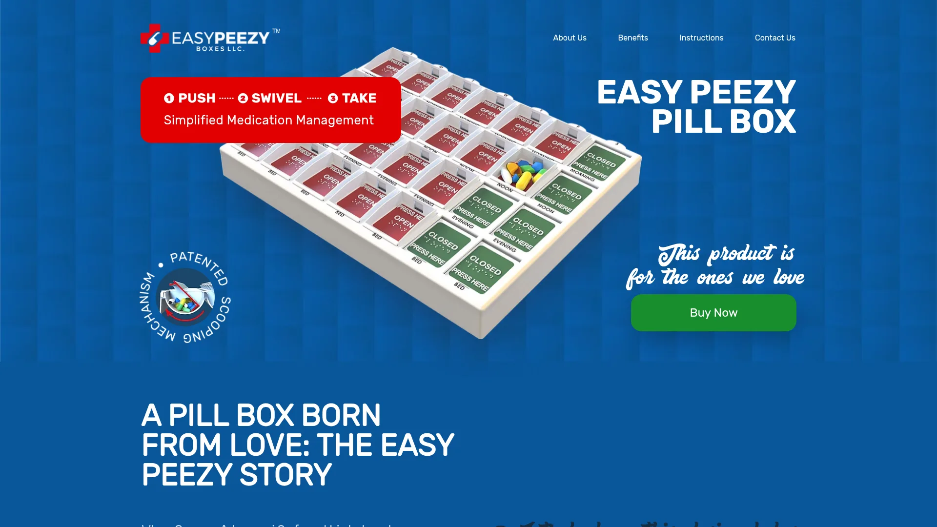 Easy Peezy Boxes - Brand and ecommerce site for a patented push-swivel-take medication management pill box
