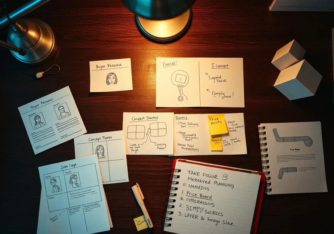 Overhead view of strategy desk with buyer personas, concept sketches, price-point sticky notes and a planning notebook