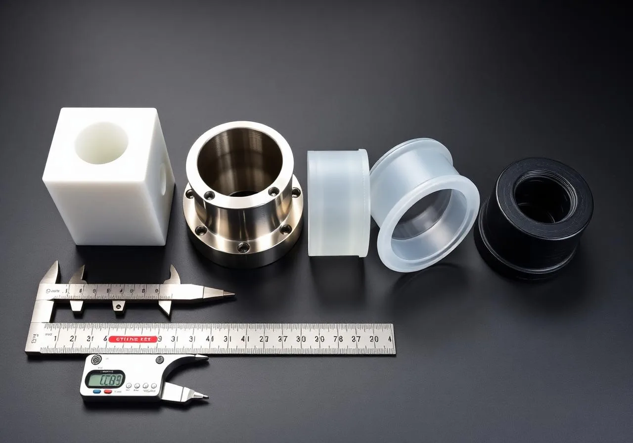 SLA, machined, vacuum-cast and molded versions of the same part lined up with calipers