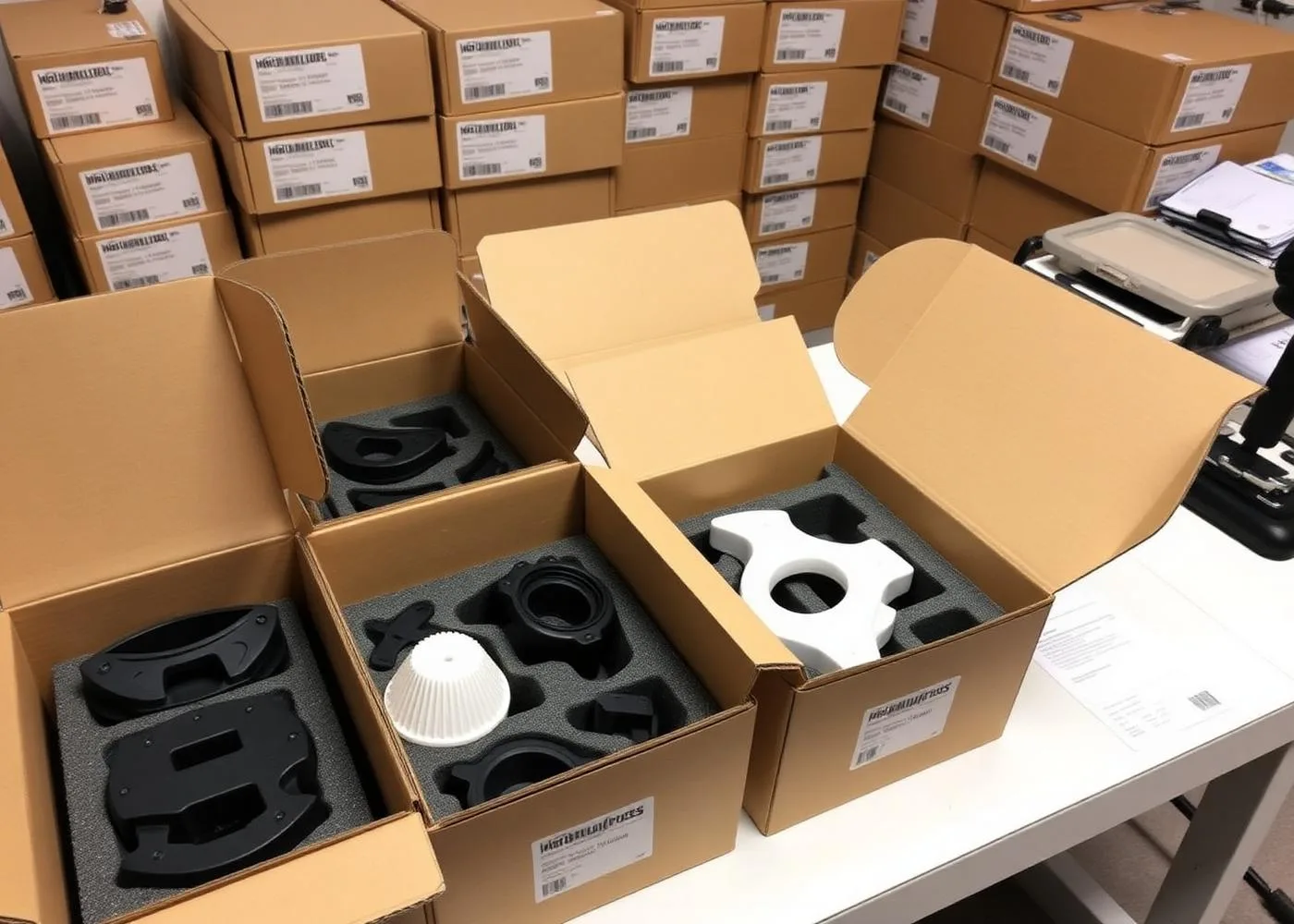 Packed 3D printed parts in branded boxes ready for shipping