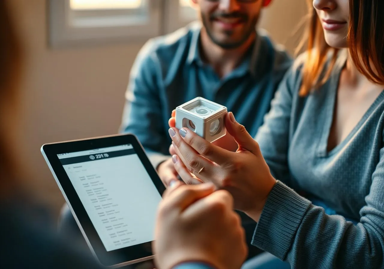 Real buyers holding and reacting to a working prototype during a validation interview, tester reviewing checklist on tablet
