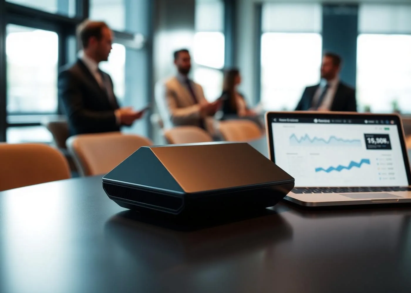 Investor pitch laptop with charts and prototype
