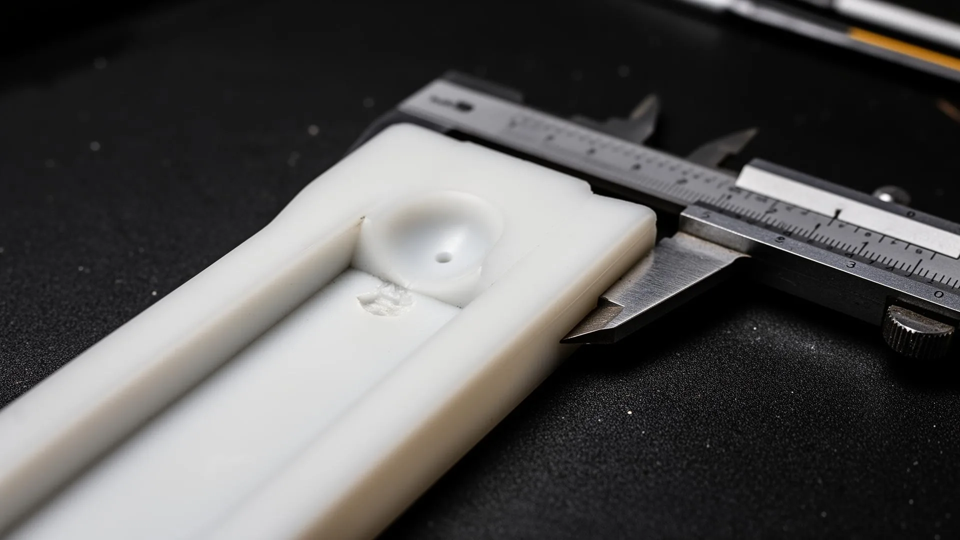 Macro photograph of an injection molded plastic part showing a sink mark next to a thick rib, measured with digital calipers