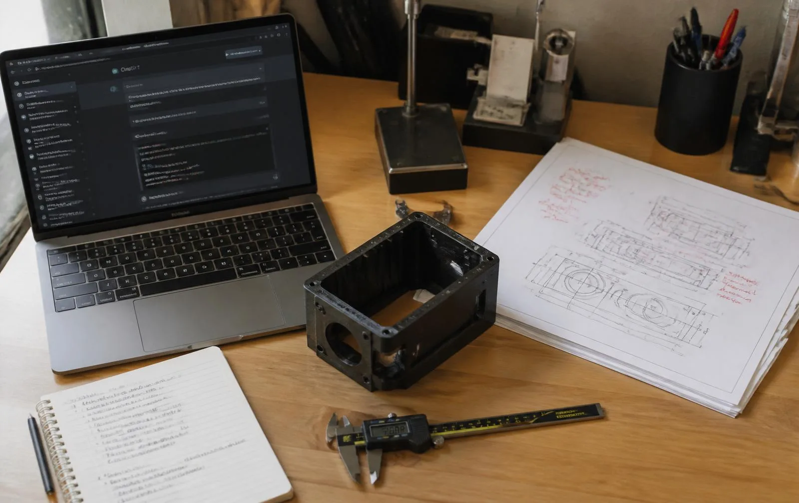 Overhead view of a senior engineer's workbench with a ChatGPT transcript on a laptop, a 3D printed prototype enclosure, red-inked CAD sketches, calipers, and a notebook