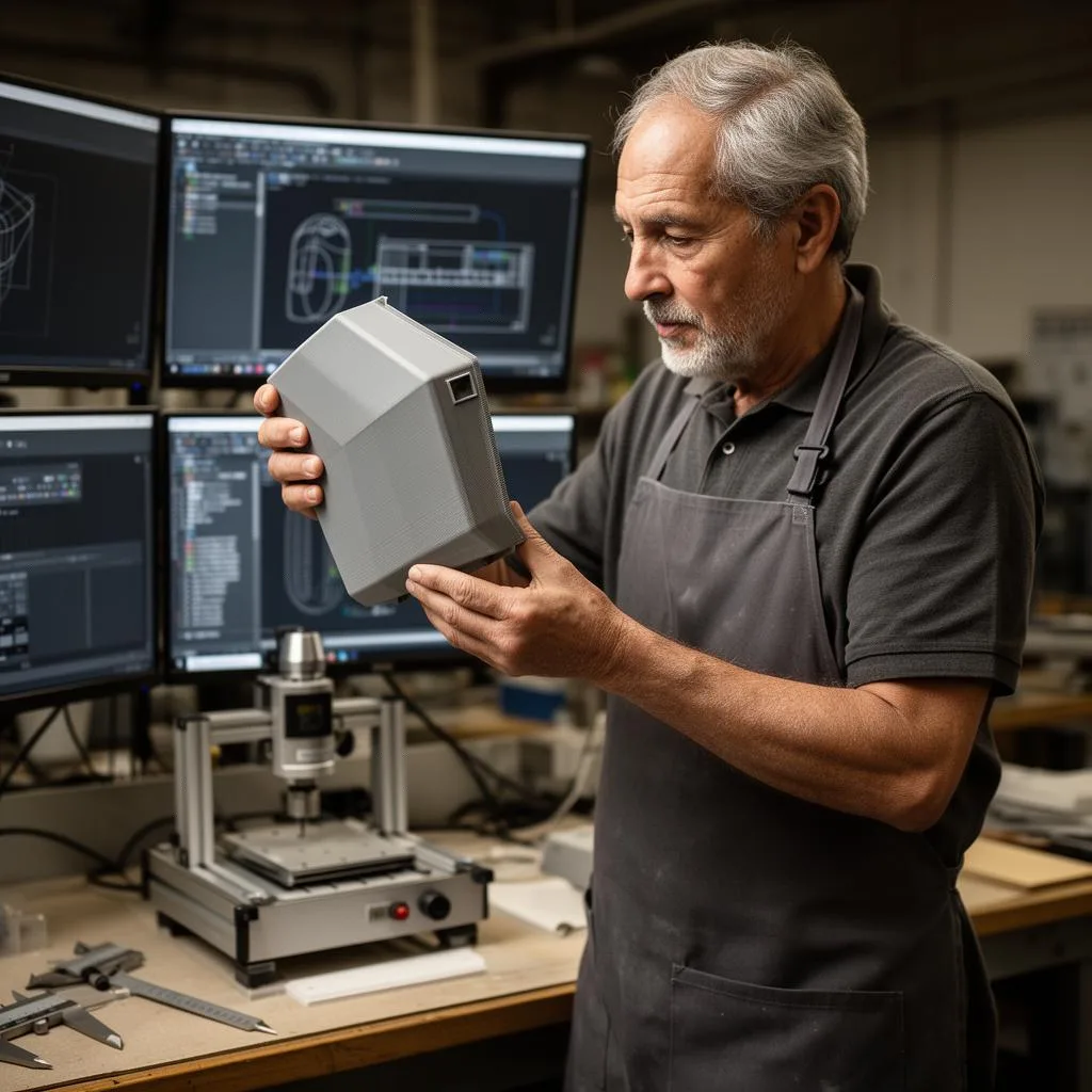 Senior LA NPDT engineer inspecting a 3D printed prototype enclosure