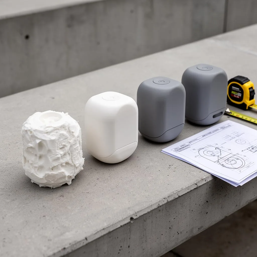 Four iterative 3D printed prototypes of a small consumer device, rough to refined