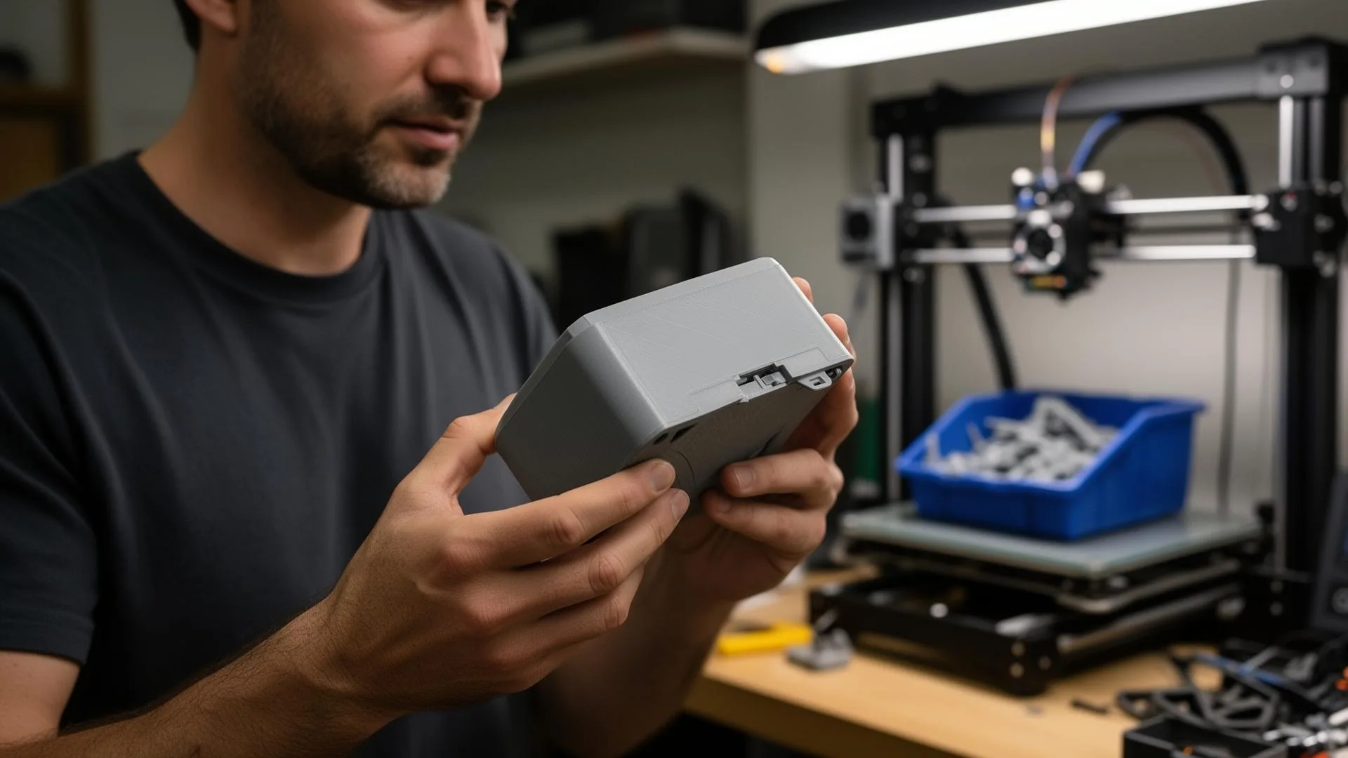 LA NPDT engineer inspecting a freshly 3D printed functional prototype enclosure beside an FDM printer in the workshop