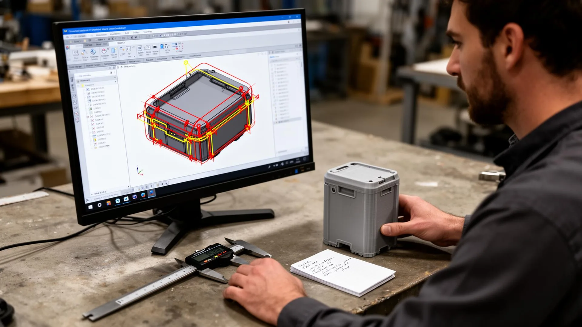 LA NPDT engineer reviewing a manufacturability markup on a CAD screen next to a 3D printed prototype enclosure