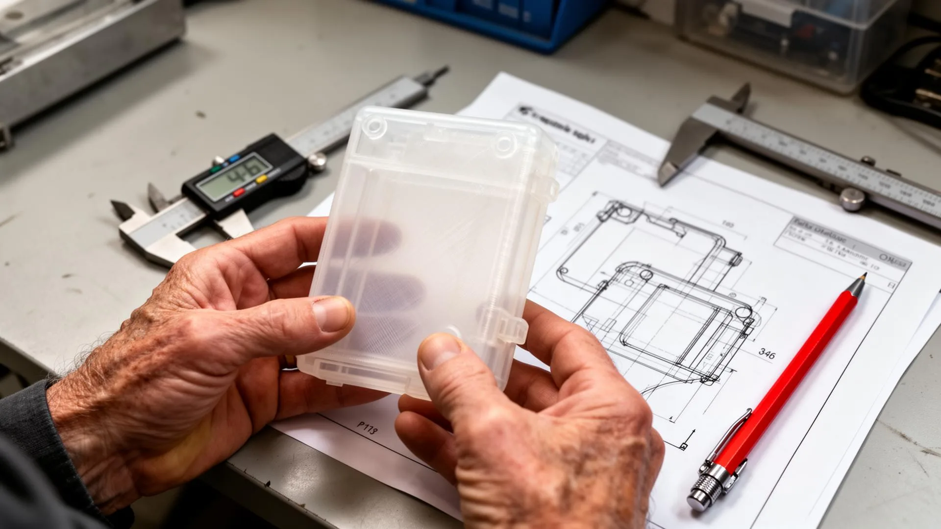 Senior product engineer's hands holding a translucent 3D printed prototype enclosure next to a CAD drawing printout on a workbench