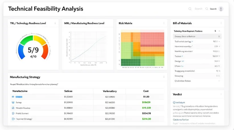 InventDraft technical feasibility analysis with TRL score, BOM, manufacturing strategy, and risk matrix