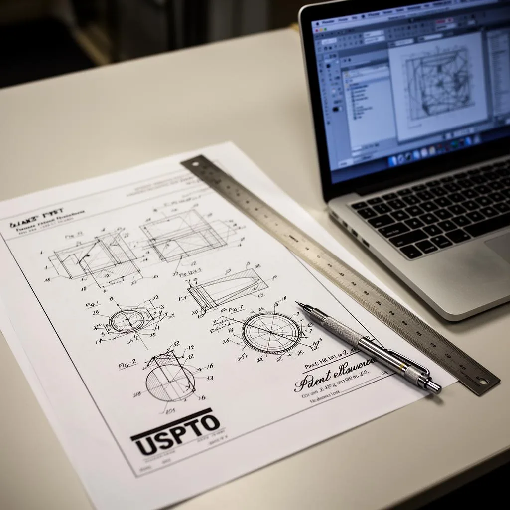 Laptop with InventDraft project next to a printed feasibility report and an inventor's notebook