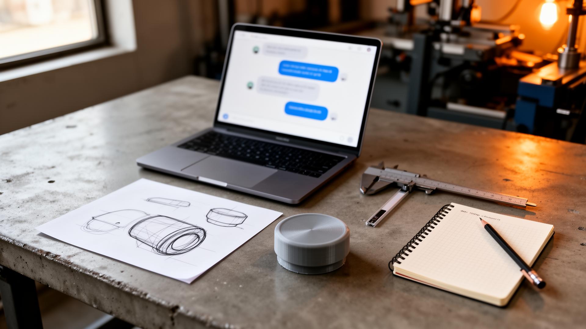 Laptop with AI chat, sketches, prototype puck and calipers on a concrete workbench