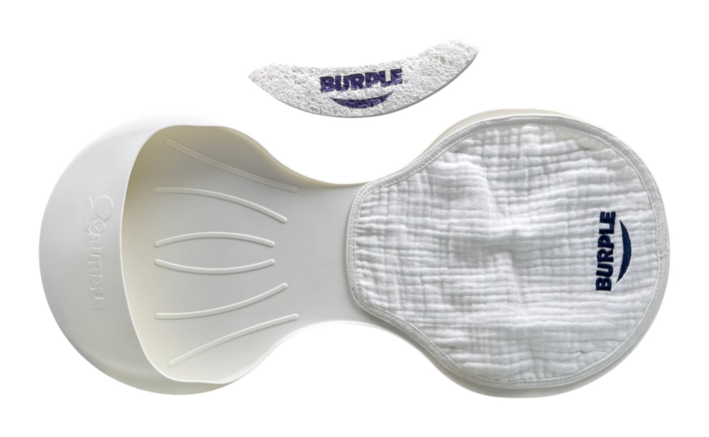 Burple shoulder-mounted burp catcher with silicone shield and absorbent cloth pad