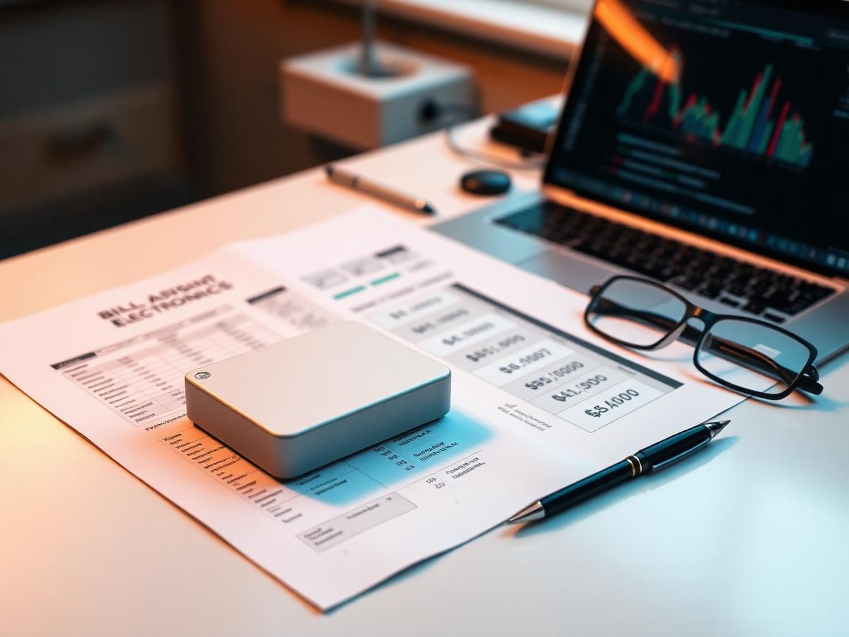 Working hardware prototype resting on a printed bill of materials and unit-cost breakdown during investor pitch preparation
